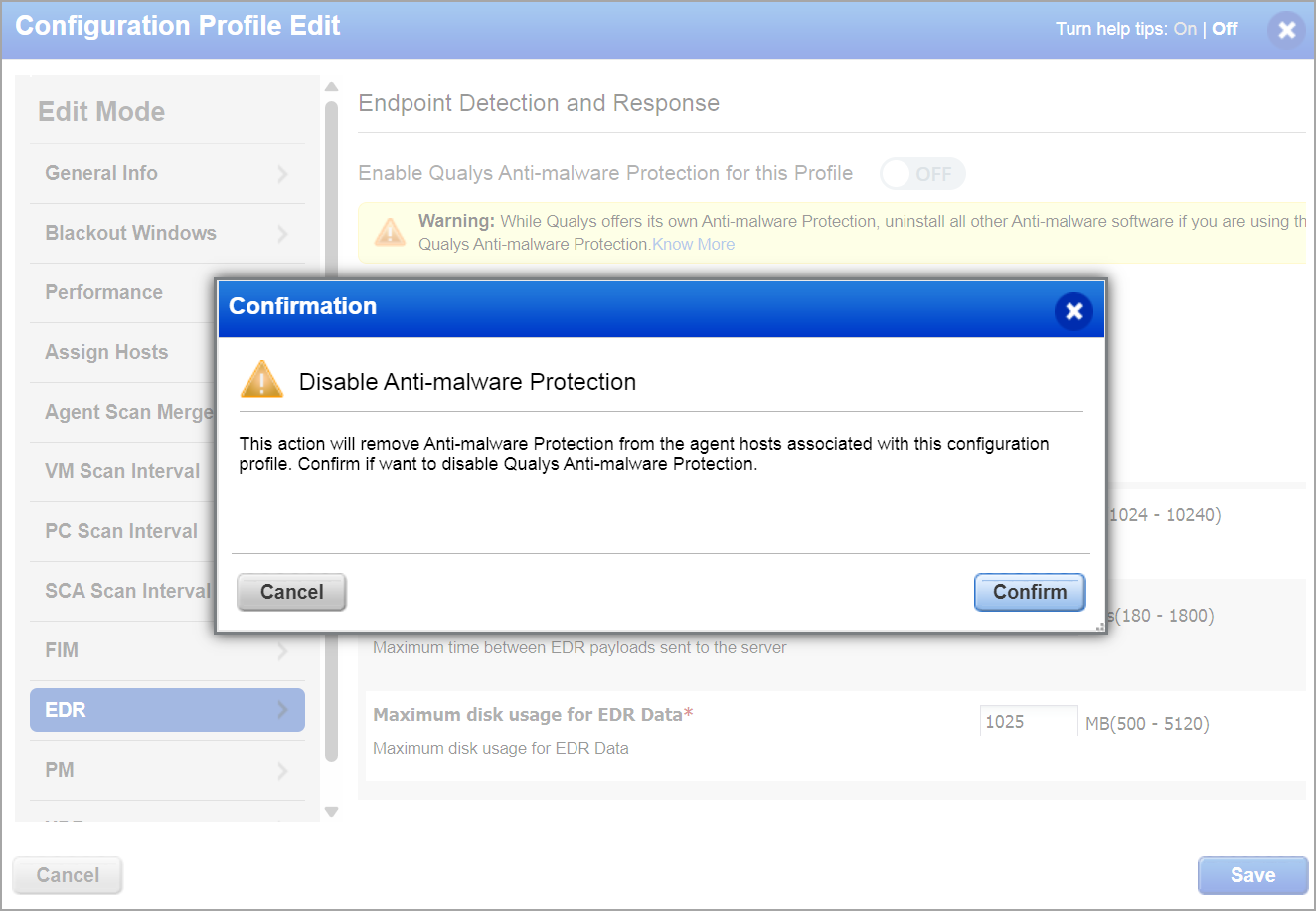 Disable Anti-Malware Protection confirmation.