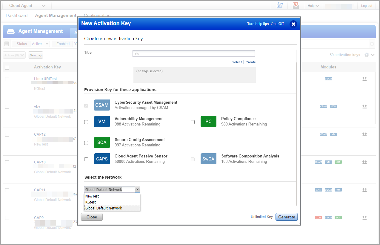 network selection while creating activation key