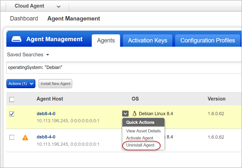 Quick actions - Uninstall Agent option for an asset.