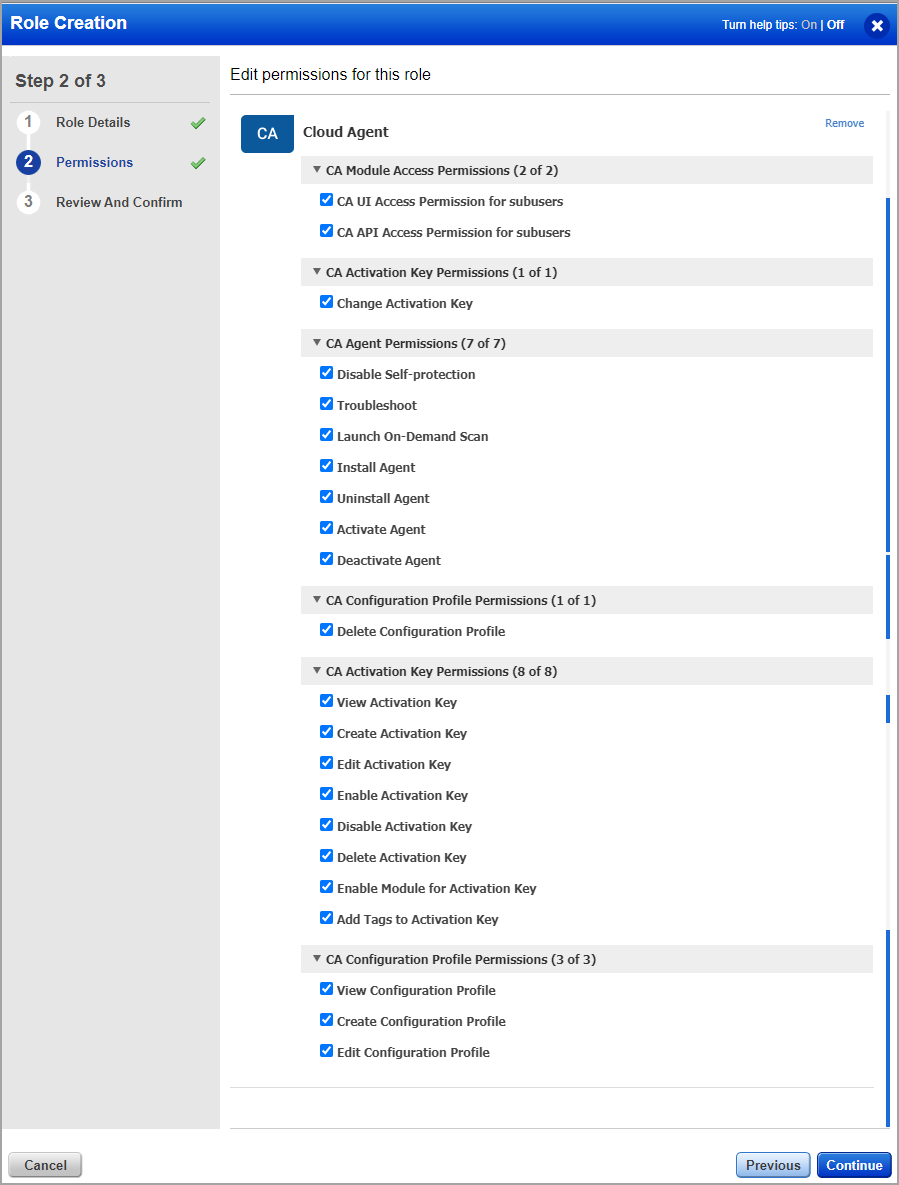 Edit role permissions to provide new  permissions for CA.